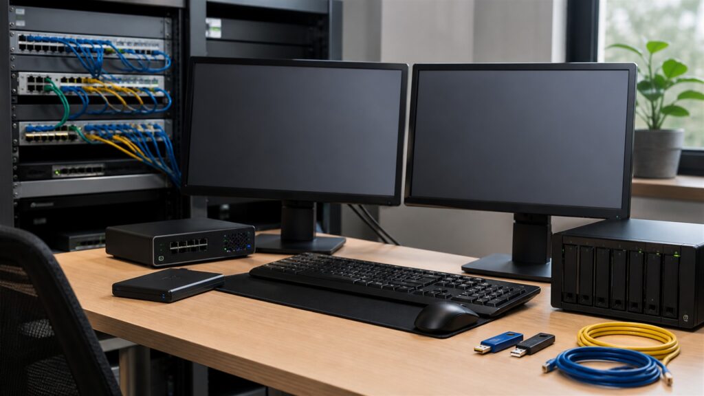 unbranded web hosting operations desk with blank performance screens, compact server gateway, backup drive, network cables, and deployment checklist blocks for a lead generation sites buying decision