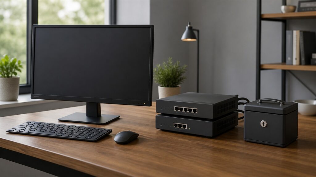 unbranded web hosting operations desk with blank performance screens, compact server gateway, backup drive, network cables, and deployment checklist blocks for a security needs buying decision