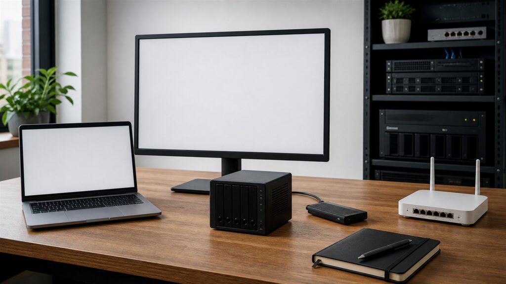 unbranded web hosting operations desk with blank performance screens, compact server gateway, backup drive, network cables, and deployment checklist blocks for a small business websites buying decision