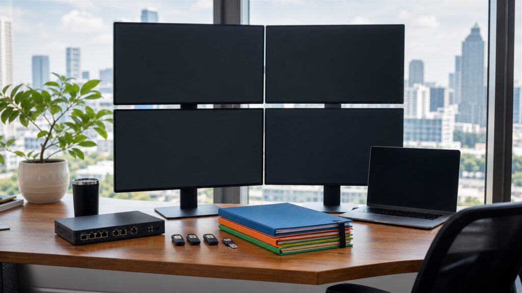unbranded web hosting operations desk with blank performance screens, compact server gateway, backup drive, network cables, and deployment checklist blocks for a general selection buying decision