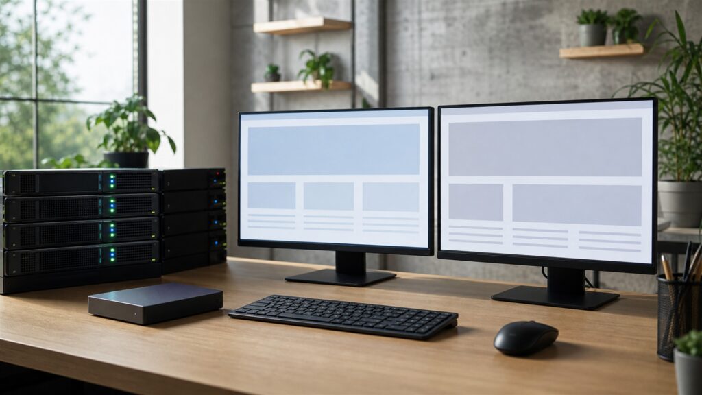 website owner and technical advisor evaluating an unbranded website hosting setup on blank-screen computers for a website platform selection buying decision