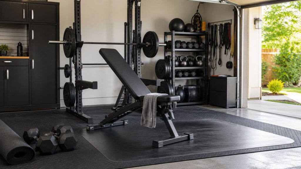 weight benches for garage gyms arranged in a practical buyer guide scene