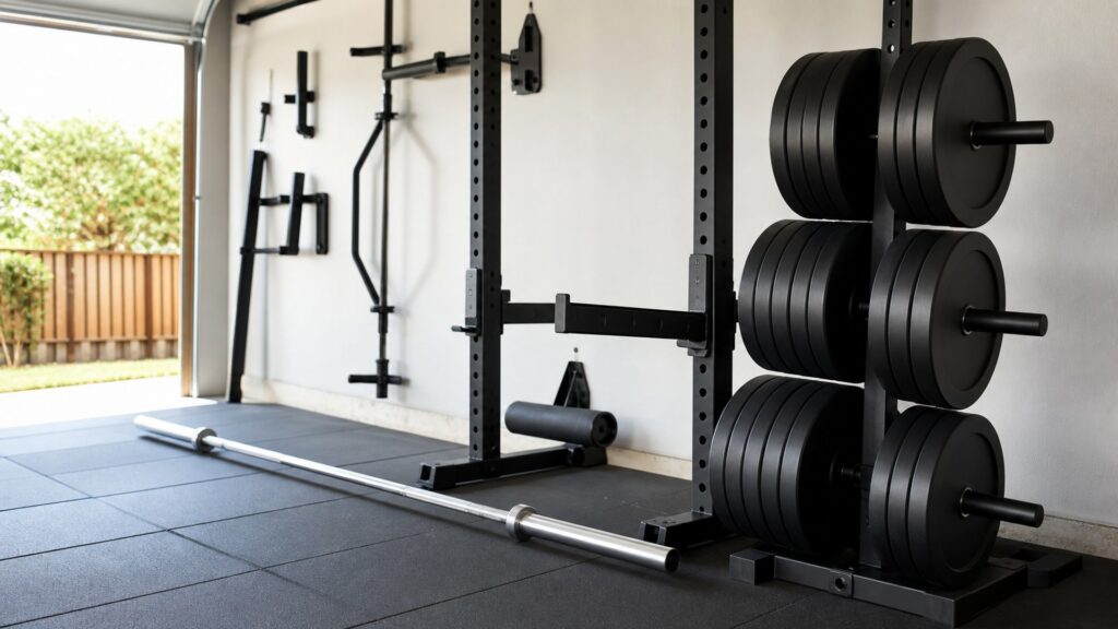 weight plates for garage gyms arranged in a practical buyer guide scene
