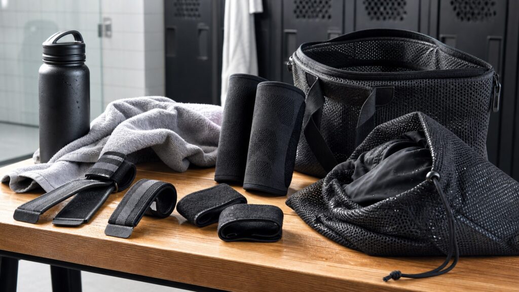 weightlifting accessories for sweaty workouts arranged in a practical buyer guide scene
