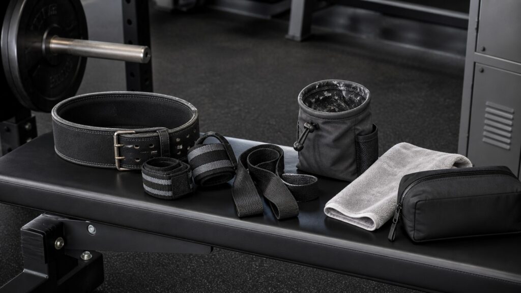 weightlifting accessories for weight rooms arranged in a practical buyer guide scene