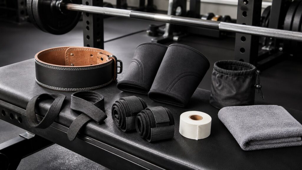 weightlifting accessories for overall use arranged in a practical buyer guide scene