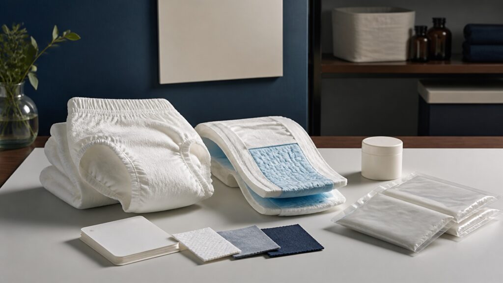 People-free editorial still life illustrating continence management worn on the body contrasted with infant physiologic-pattern alerts
