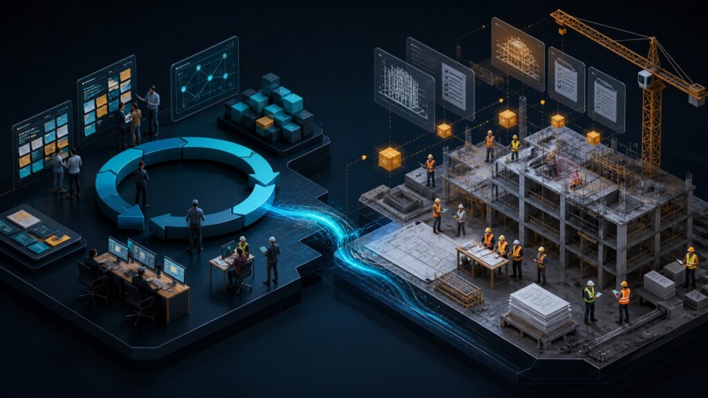 Editorial business scene illustrating agile project management software and construction project management software