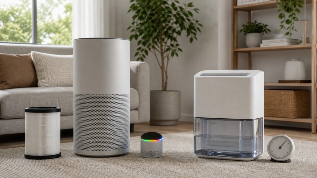 Air purifier with pleated filter and particle monitor beside a dehumidifier with water reservoir and humidity dial
