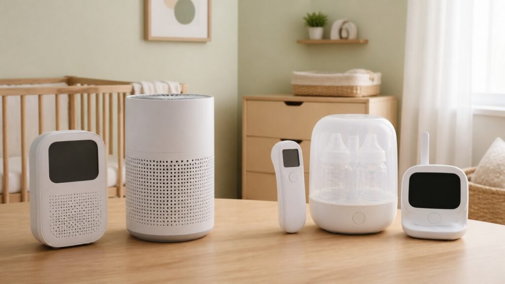 People-free editorial still life illustrating room air tools versus infant monitoring