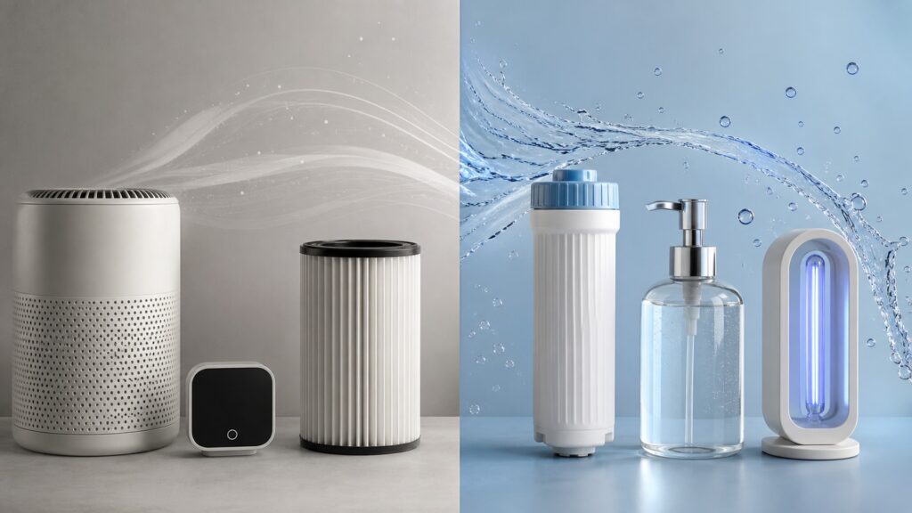 People-free editorial still life illustrating airborne exposure tools versus water and surface hygiene