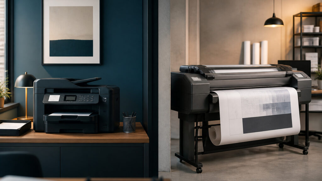 Editorial business scene illustrating all-in-one office printers and wide format office printers