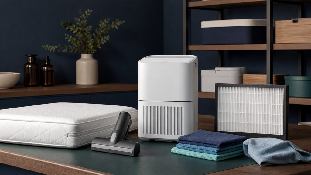 People-free editorial still life illustrating allergen-specific reservoir control contrasted with room-air filtration