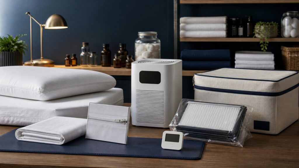 People-free editorial still life illustrating bedding and humidity measures contrasted with airborne particle filtration