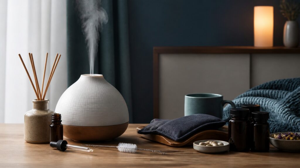 People-free editorial still life illustrating aromatic delivery system versus broader bedtime product