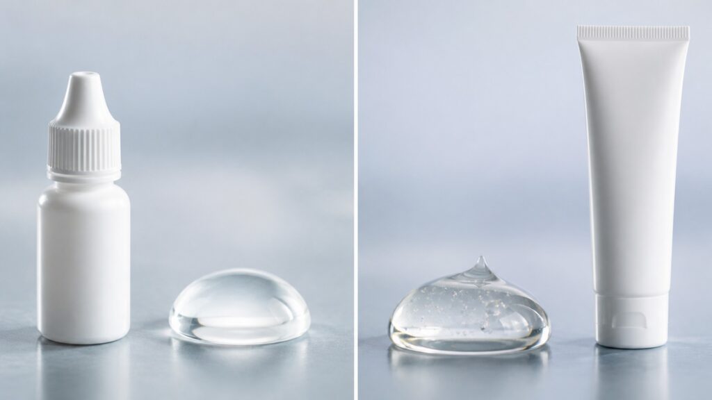 People-free editorial still life illustrating artificial tears different from lubricating eye gels