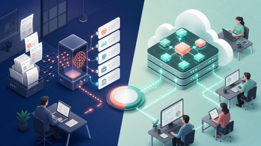 Editorial business scene illustrating automated bookkeeping software and cloud accounting software