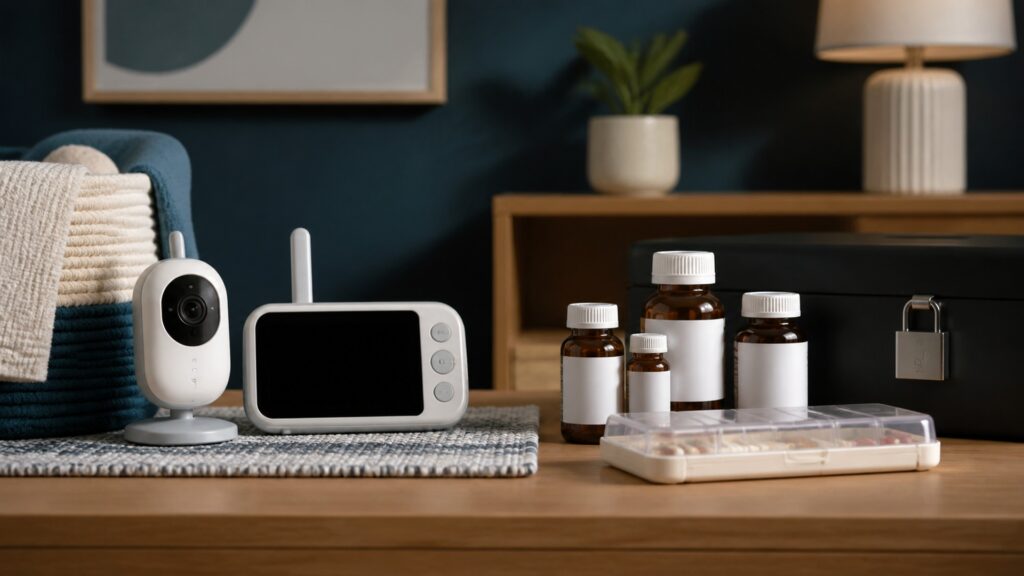 People-free editorial still life illustrating infant monitoring versus medication workflow