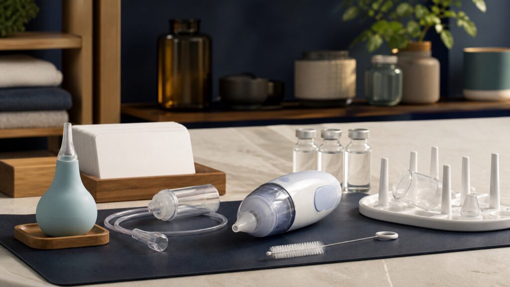 People-free editorial still life illustrating temporary mucus removal contrasted with body-temperature measurement