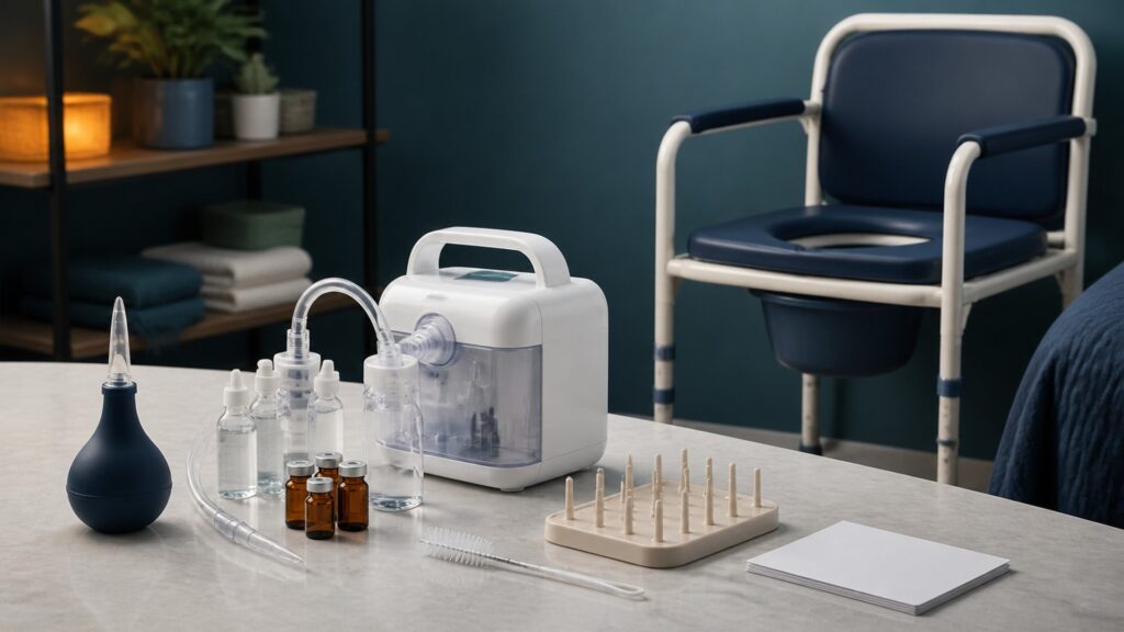 People-free editorial still life illustrating brief shallow suction for loosened nasal secretions versus a stable nearby toilet frame selected around transfer ability