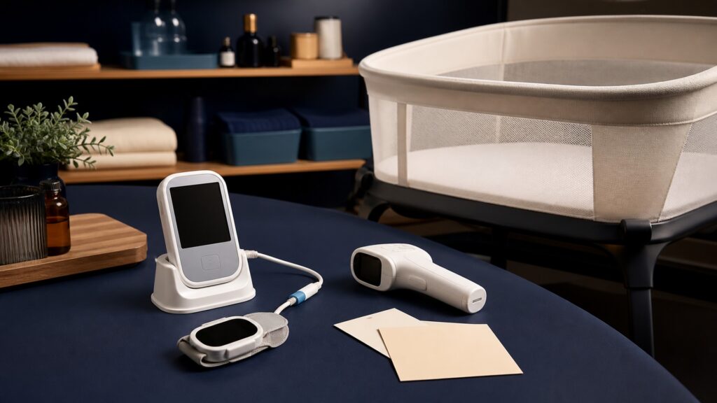 People-free editorial still life illustrating continuous optical vital-sign estimates contrasted with point-in-time temperature readings