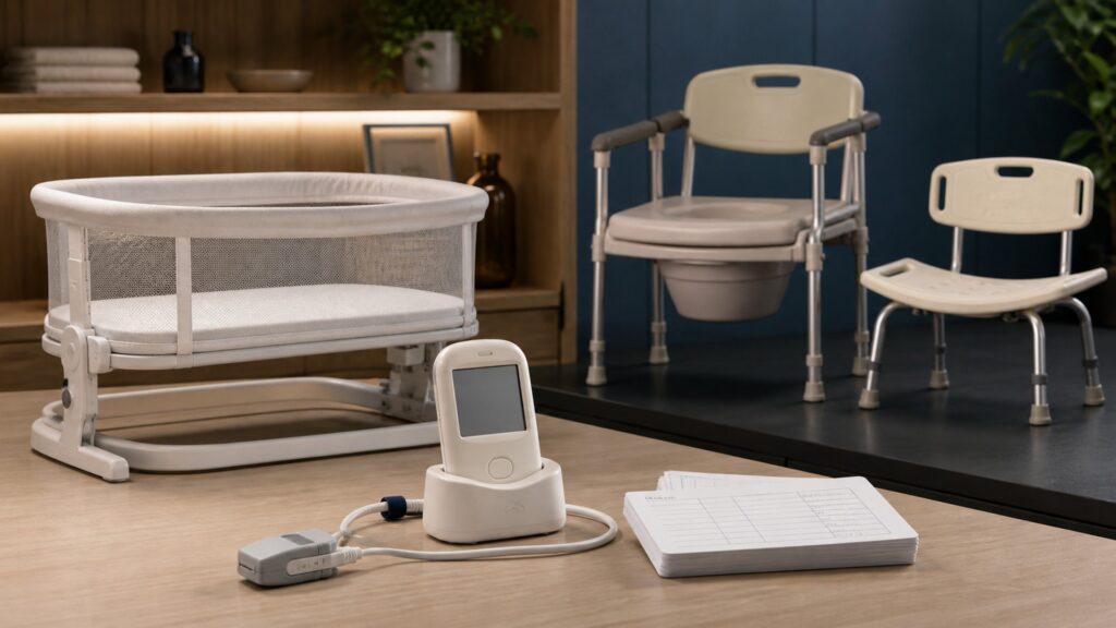 People-free editorial still life illustrating infant oxygen monitoring contrasted with adult toileting and transfer equipment