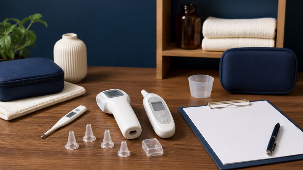 People-free editorial still life illustrating thermal measurement contrasted with optical saturation and pulse estimates