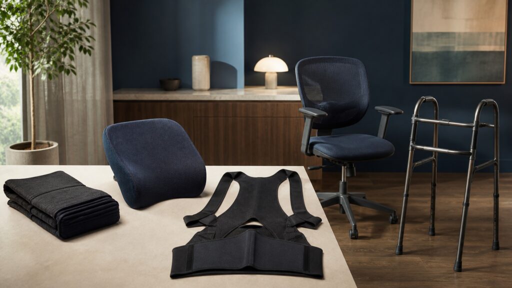 People-free editorial still life illustrating posture interface versus weight-bearing assistance