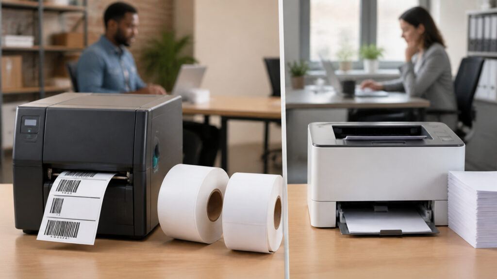 Editorial business scene illustrating barcode equipment and office printers