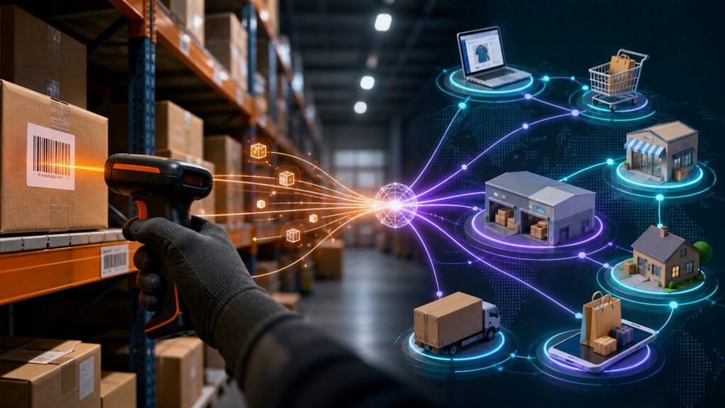 Editorial business scene illustrating barcode inventory systems and multi-channel inventory software