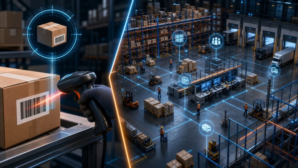 Editorial business scene illustrating barcode inventory systems and warehouse inventory software
