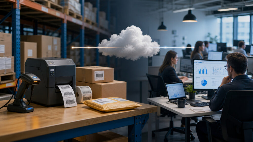 Editorial business scene illustrating barcode label printers and cloud accounting software