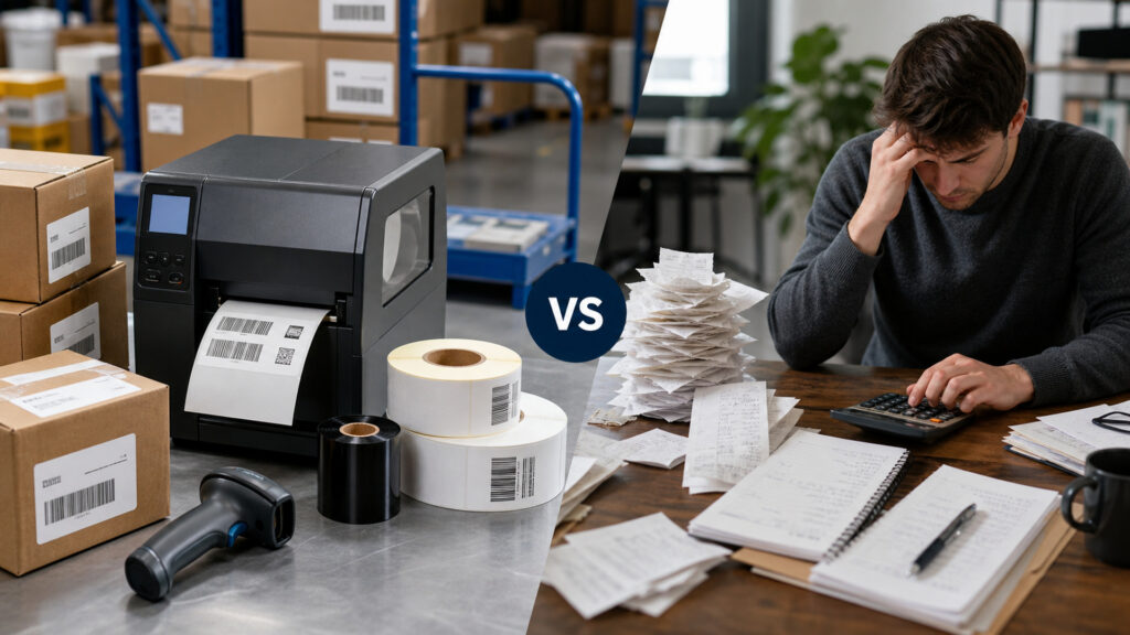 Editorial business scene illustrating barcode label printers and freelancer accounting software