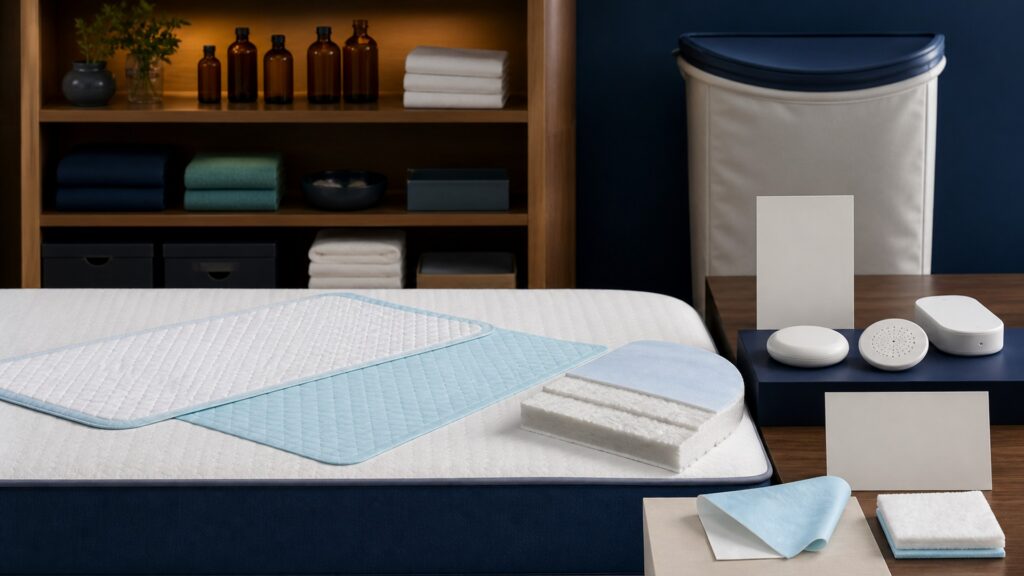 People-free editorial still life illustrating passive surface protection contrasted with electronic infant sensing and alarms