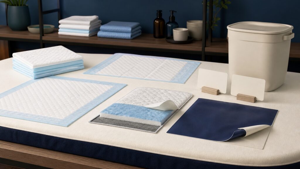 People-free editorial still life illustrating waterproof bedding protection contrasted with controlled-water perineal cleansing