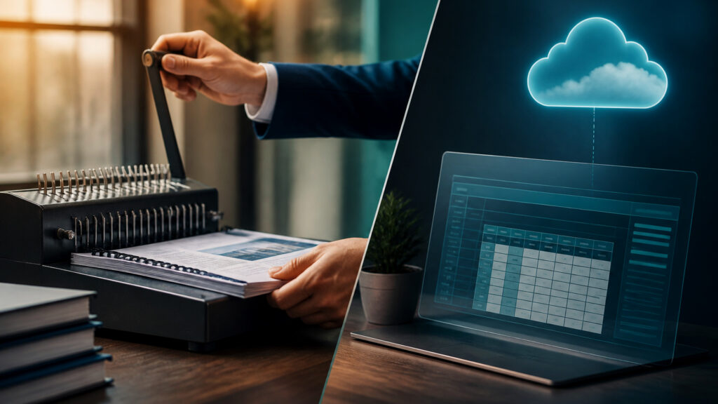 Editorial business scene illustrating binding machines and cloud accounting software