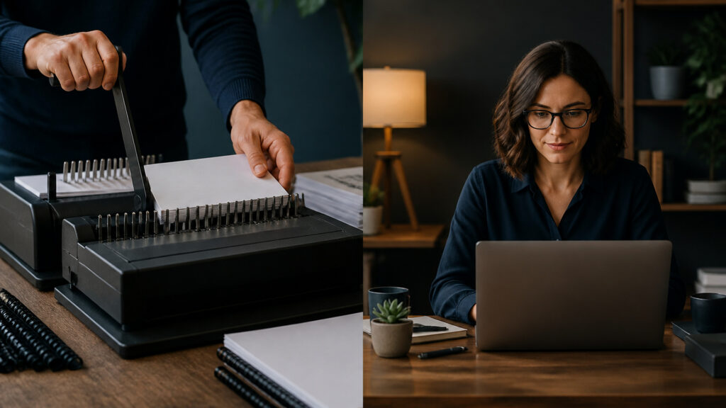 Editorial business scene illustrating binding machines and freelancer accounting software
