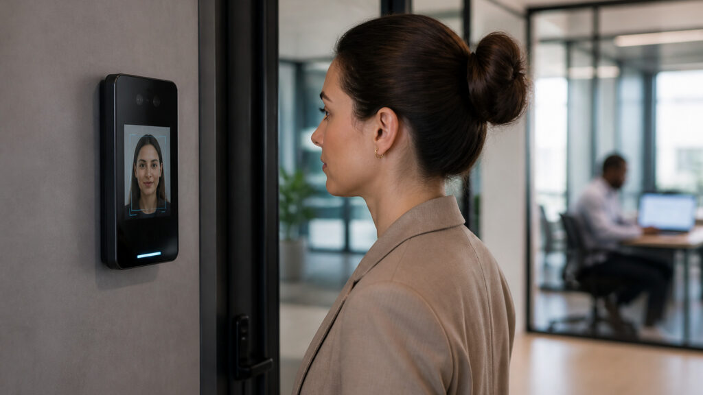 Editorial business scene illustrating biometric access control systems and cloud accounting software