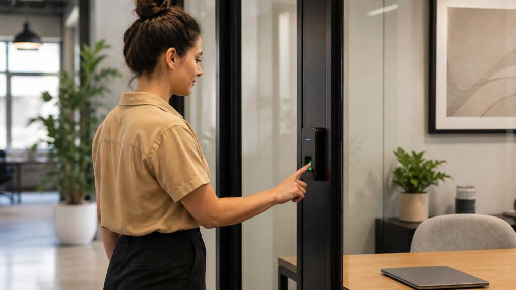 Editorial business scene illustrating biometric access control systems and freelancer accounting software