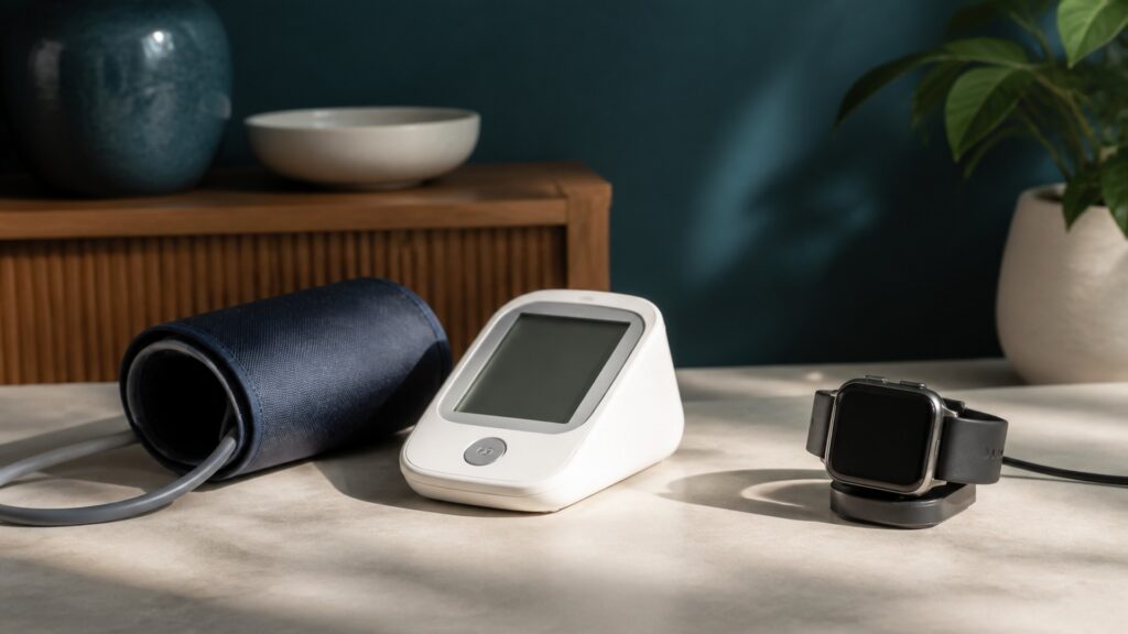 People-free editorial still life illustrating blood pressure monitors different from smartwatches