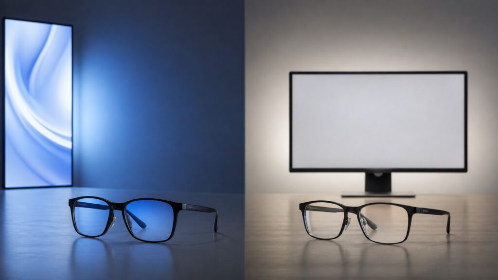 People-free editorial still life illustrating blue light glasses different from computer glasses