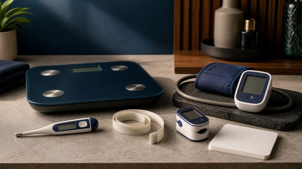 People-free editorial still life illustrating broad measurement category versus cardiovascular focus
