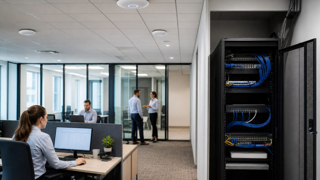 Editorial business scene illustrating business mesh wifi systems and cloud accounting software