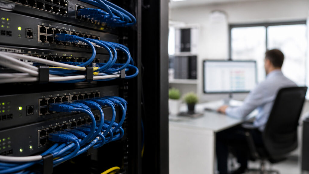 Editorial business scene illustrating business network switches and cloud accounting software