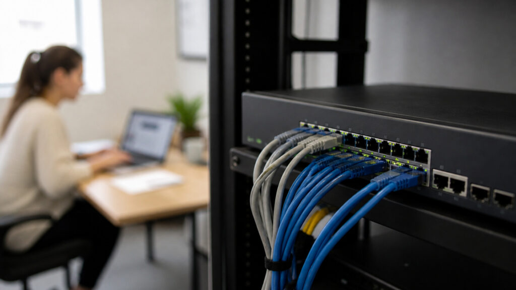 Editorial business scene illustrating business network switches and freelancer accounting software