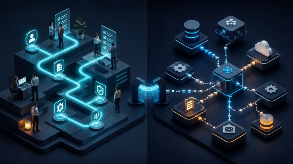 Editorial business scene illustrating business process automation software and integration automation software