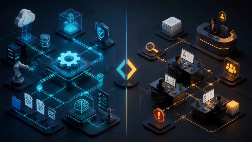 Editorial business scene illustrating business process automation software and workflow management systems