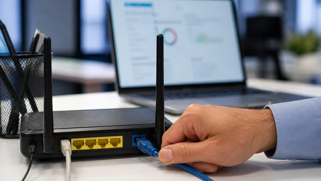 Editorial business scene illustrating business routers and cloud accounting software