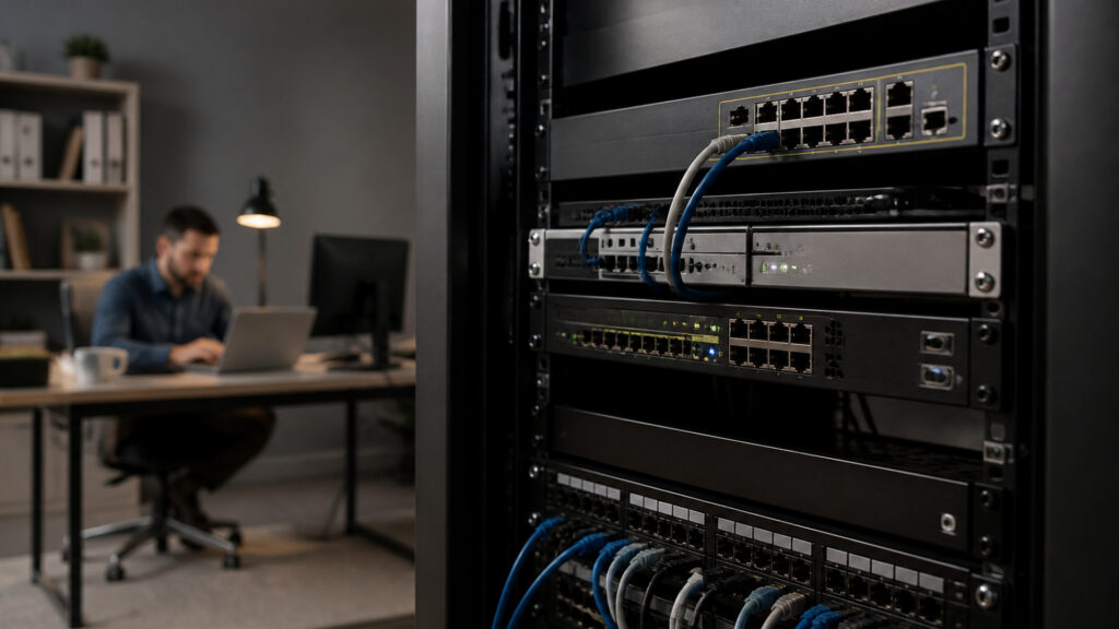 Editorial business scene illustrating business routers and freelancer accounting software