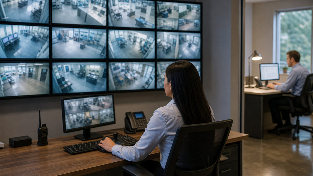 Editorial business scene illustrating business security camera systems and cloud accounting software